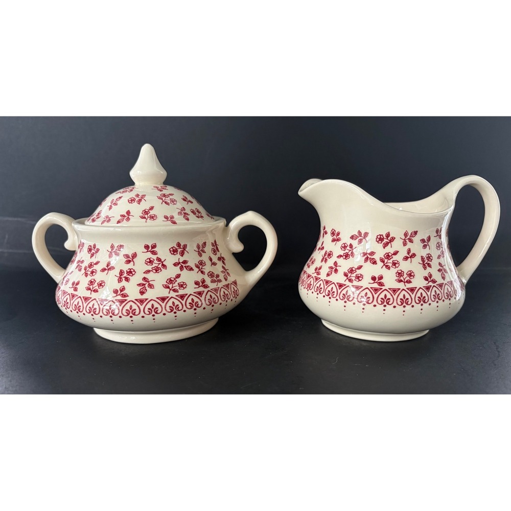 Vintage Staffordshire Ironstone Sugar and Creamer Set Red and White